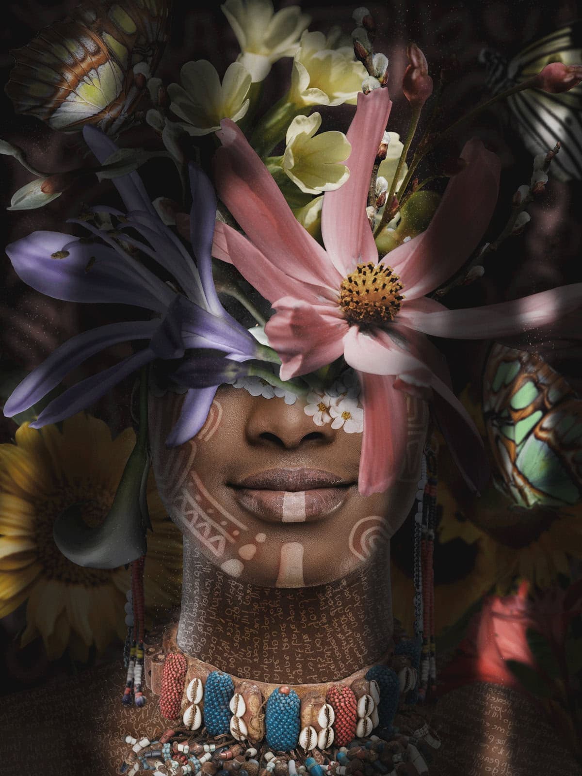Surreal photo artwork of portrait of woman with flowers on her head