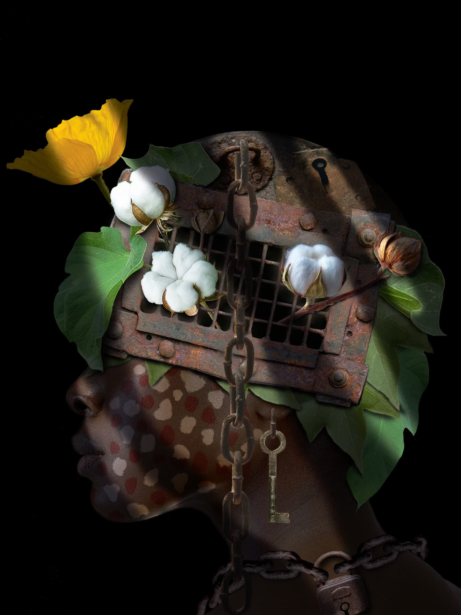 surreal portrait of woman with flowers and chains