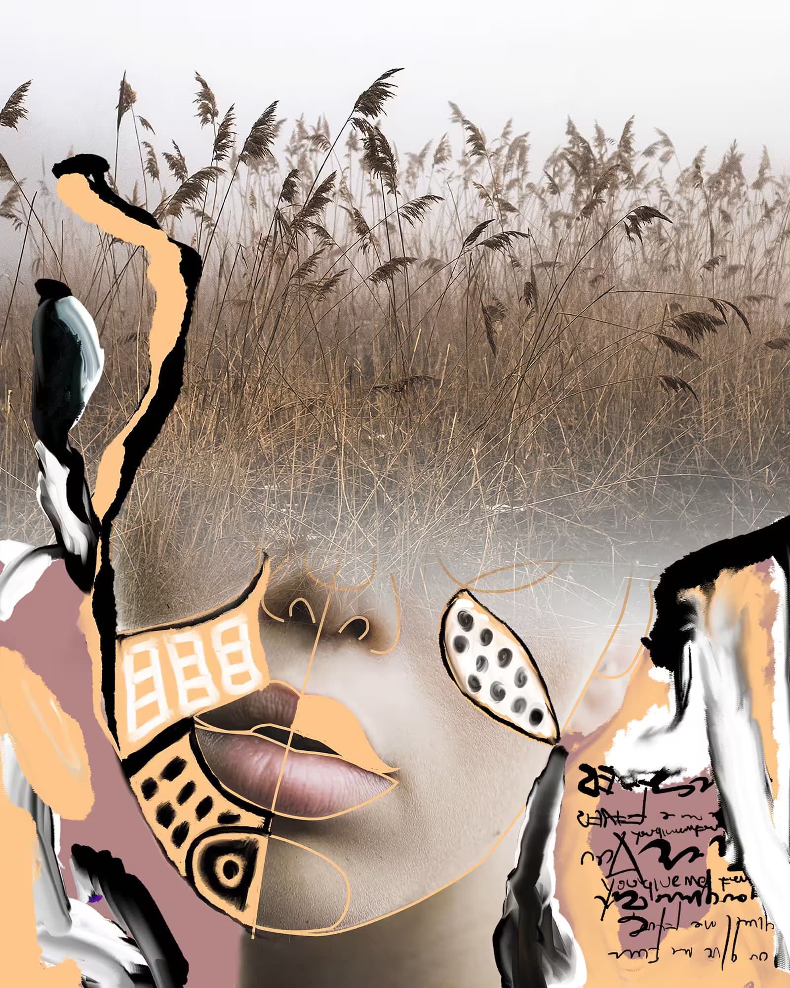 portrait of woman with hay and abstract shapes
