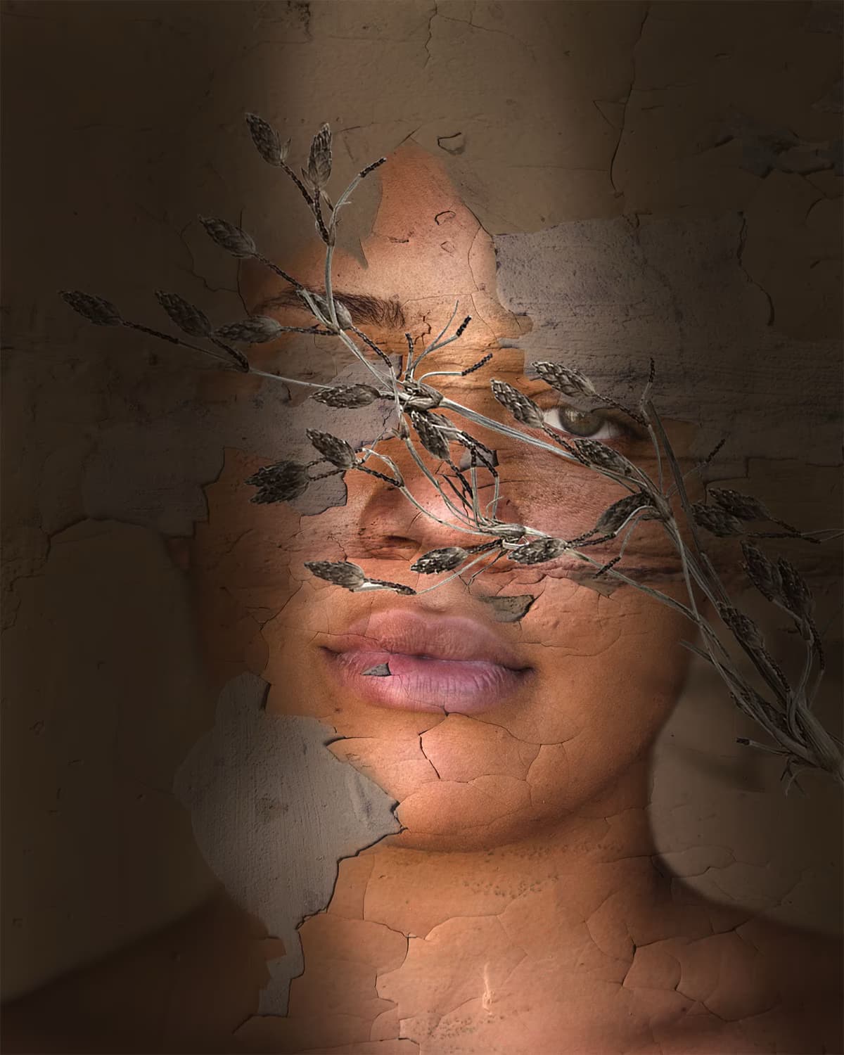 surreal portrait of woman and wall